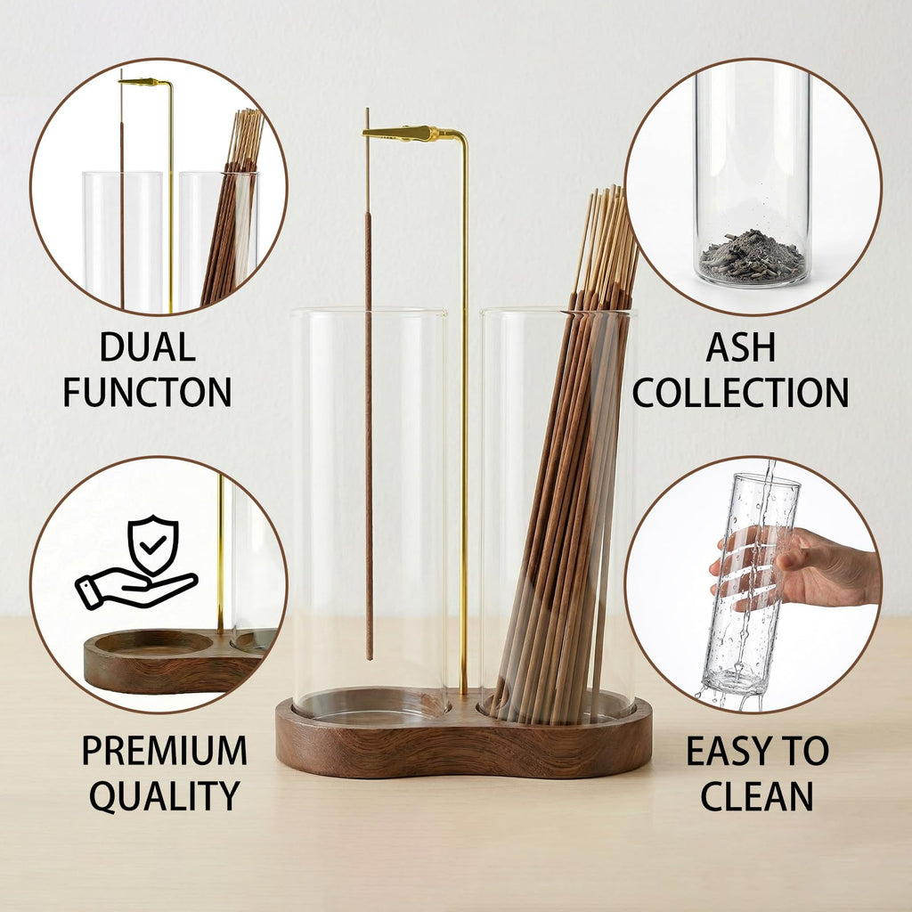 Incense Holder,Wooden Incense Holder for Sticks with 20 Incense Sticks, Anti - ash Incense Burner with Glass Ash Catcher for Meditation Yoga Spa Gift Home Decor - Velora