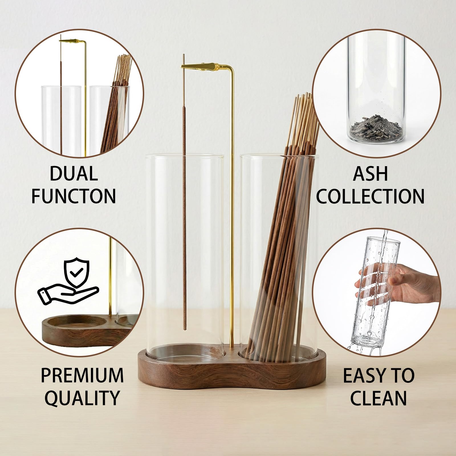 Incense Holder,Wooden Incense Holder for Sticks with 20 Incense Sticks, Anti - ash Incense Burner with Glass Ash Catcher for Meditation Yoga Spa Gift Home Decor - Velora