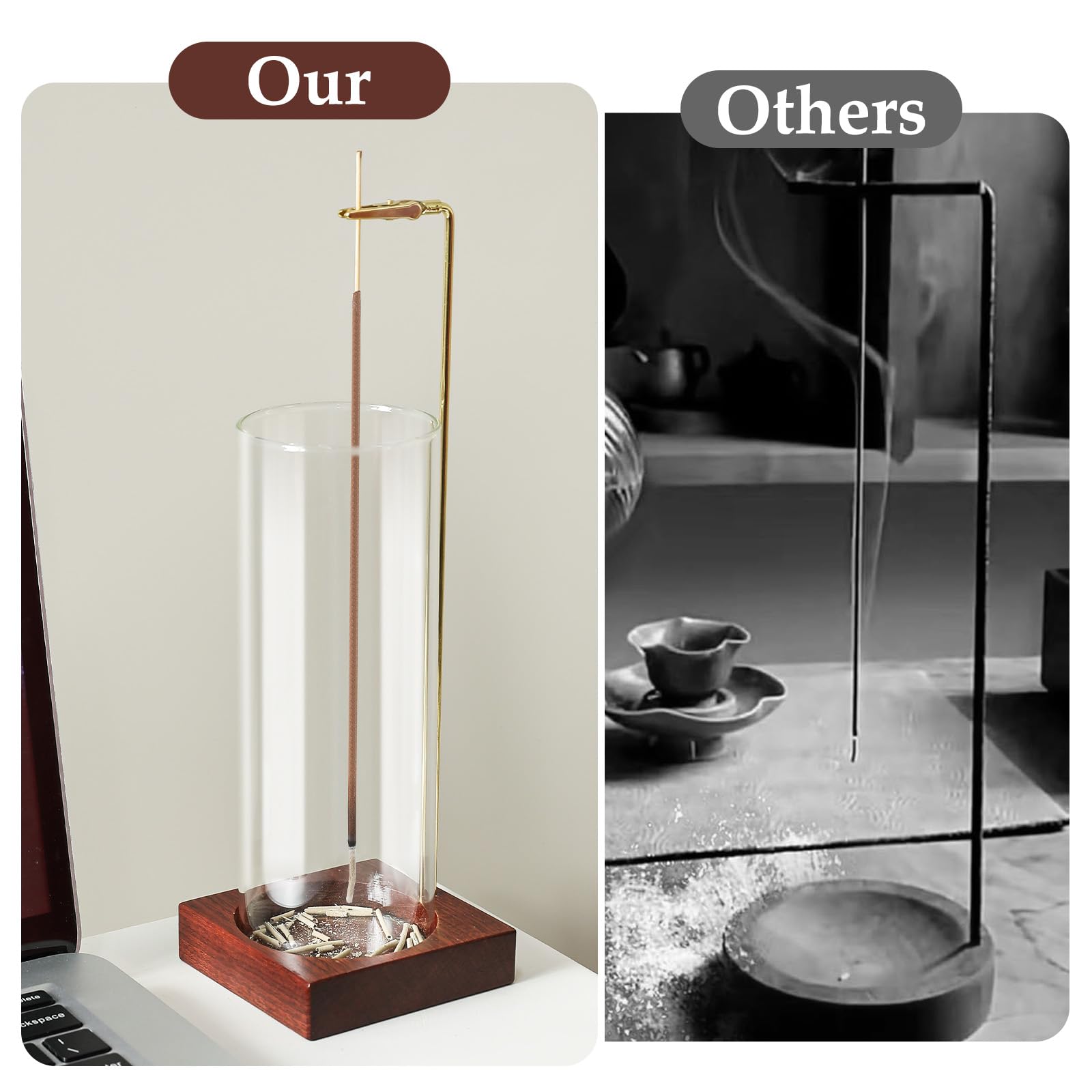 Incense Holder,Wooden Incense Holder for Sticks with 20 Incense Sticks, Anti-ash Incense Burner with Glass Ash Catcher for Meditation Yoga Spa Gift Home Decor - Velora