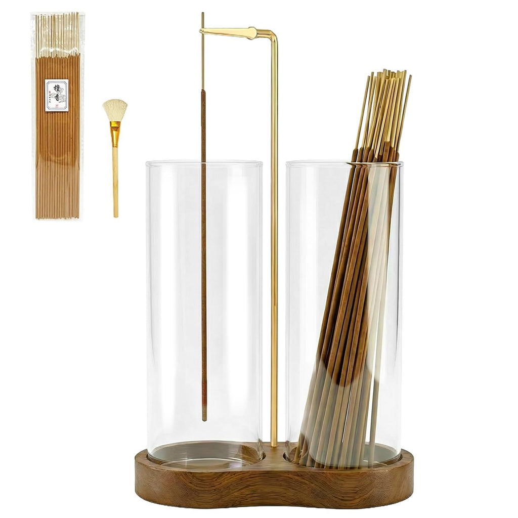 Incense Holder,Wooden Incense Holder for Sticks with 20 Incense Sticks, Anti - ash Incense Burner with Glass Ash Catcher for Meditation Yoga Spa Gift Home Decor - Velora