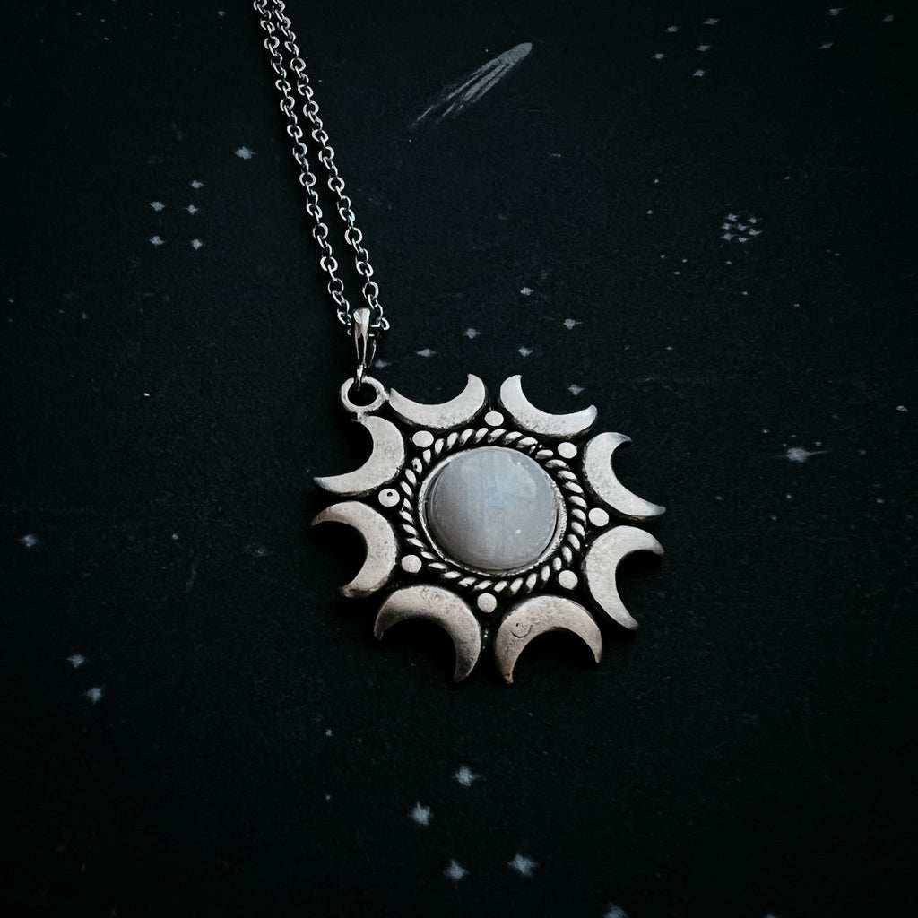 Lunar Witch Necklace - Rainbow Moonstone Pendant - Velora
