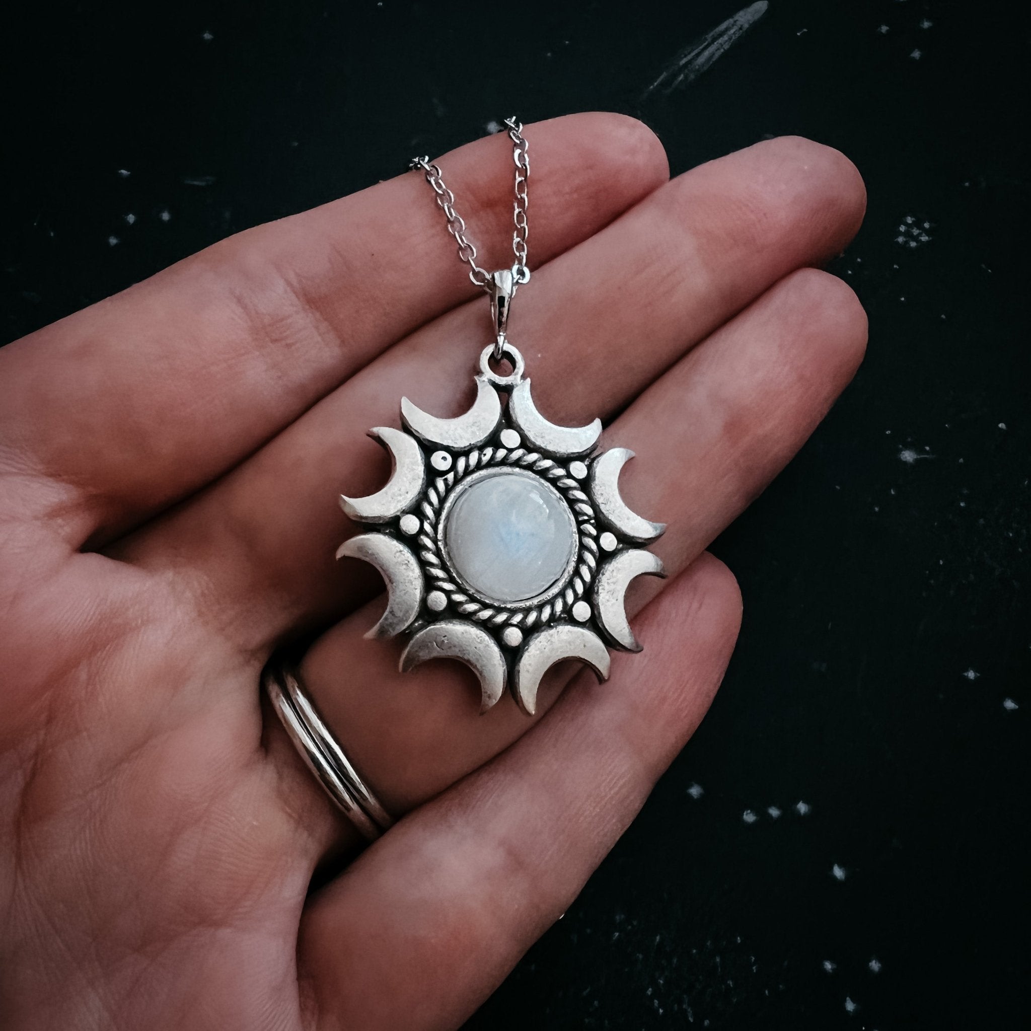 Lunar Witch Necklace - Rainbow Moonstone Pendant - Velora