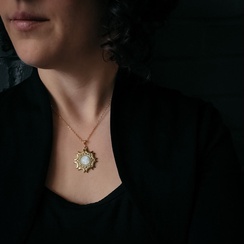 Lunar Witch Necklace - Rainbow Moonstone Pendant - Velora