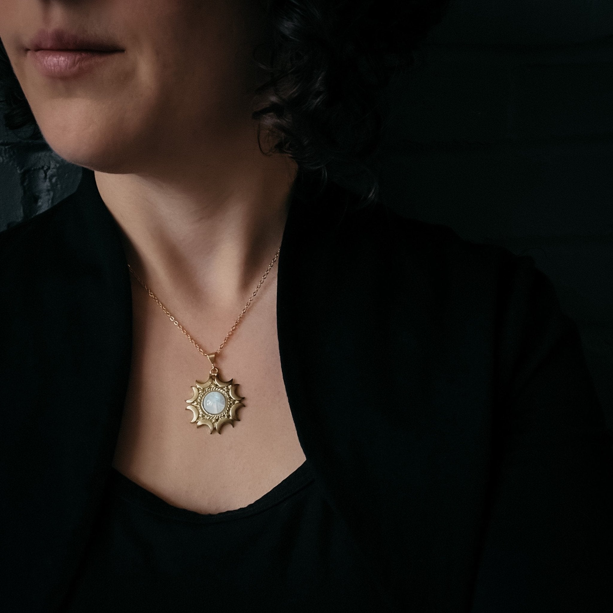 Lunar Witch Necklace - Rainbow Moonstone Pendant - Velora