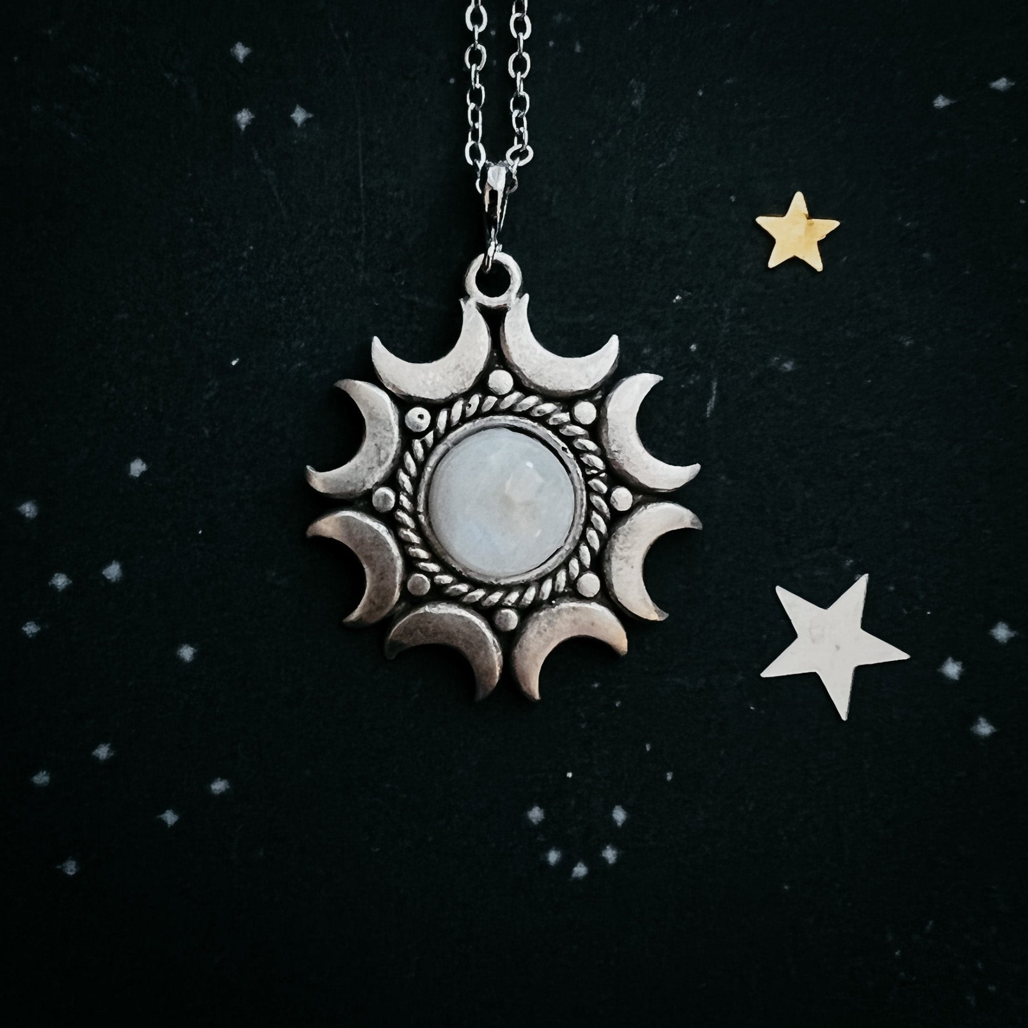 Lunar Witch Necklace - Rainbow Moonstone Pendant - Velora