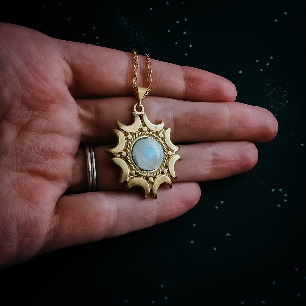 Lunar Witch Necklace - Rainbow Moonstone Pendant - Velora