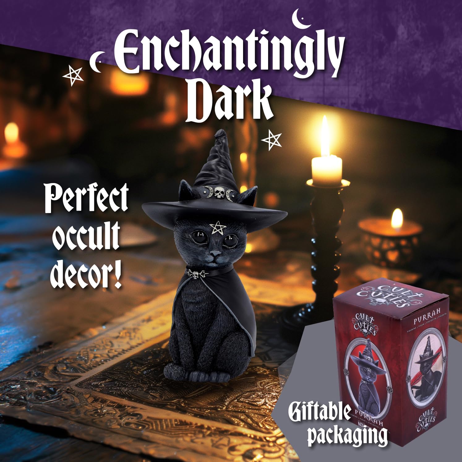 Nemesis Now Figurine Decor, Detailed Hand-Painted Polyresin, Black - Purrah Witches Hat Gothic Satanic Cat - Velora