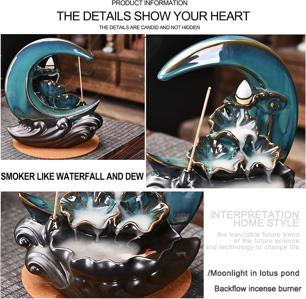 New Moon Backflow Incense Holder, Ceramic Hand - Made Incense Fountain Burner with 100 Backflow Incense Cones，Fragrance Incense Stick，Mat，Aromatherapy Home Decoration - Velora