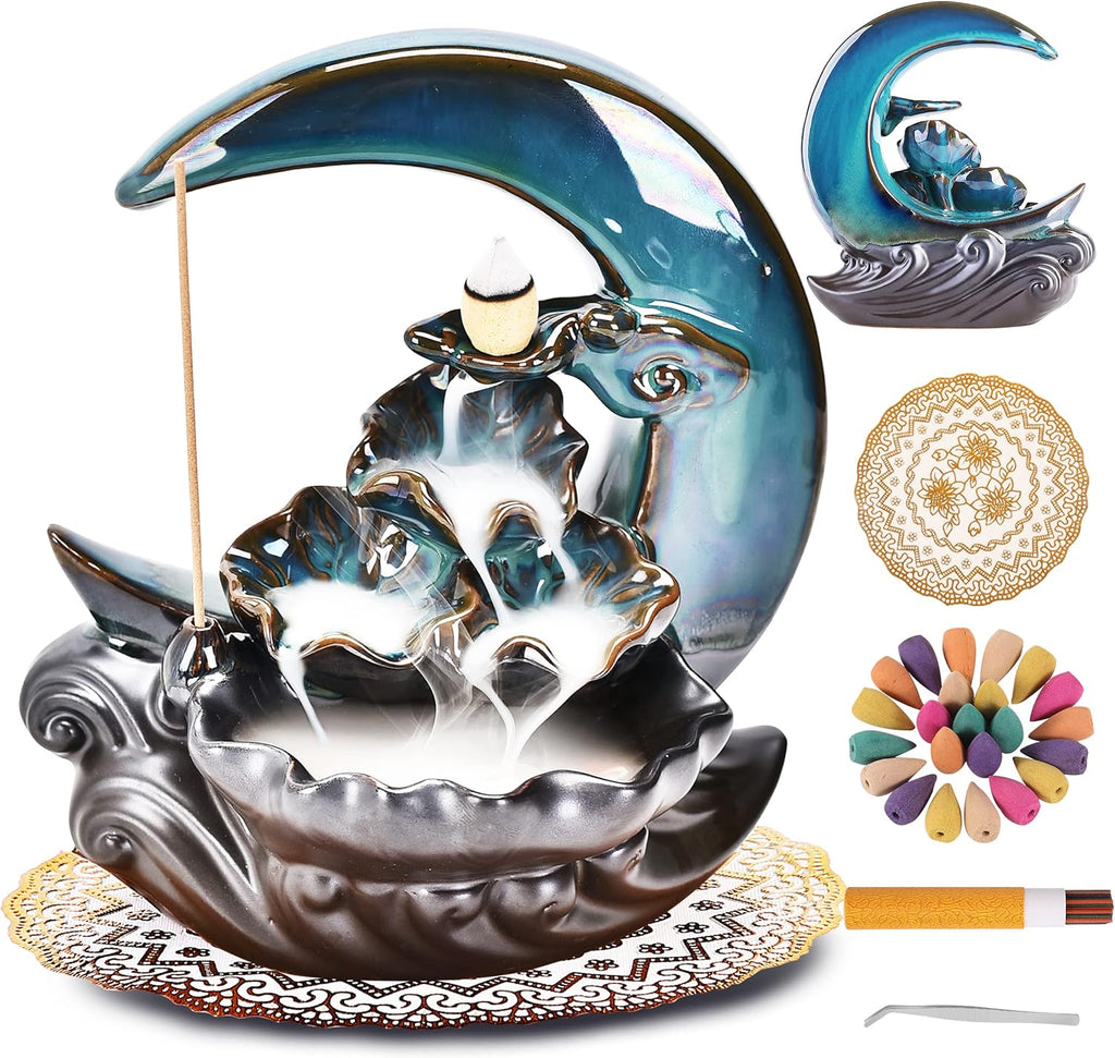 New Moon Backflow Incense Holder, Ceramic Hand - Made Incense Fountain Burner with 100 Backflow Incense Cones，Fragrance Incense Stick，Mat，Aromatherapy Home Decoration - Velora