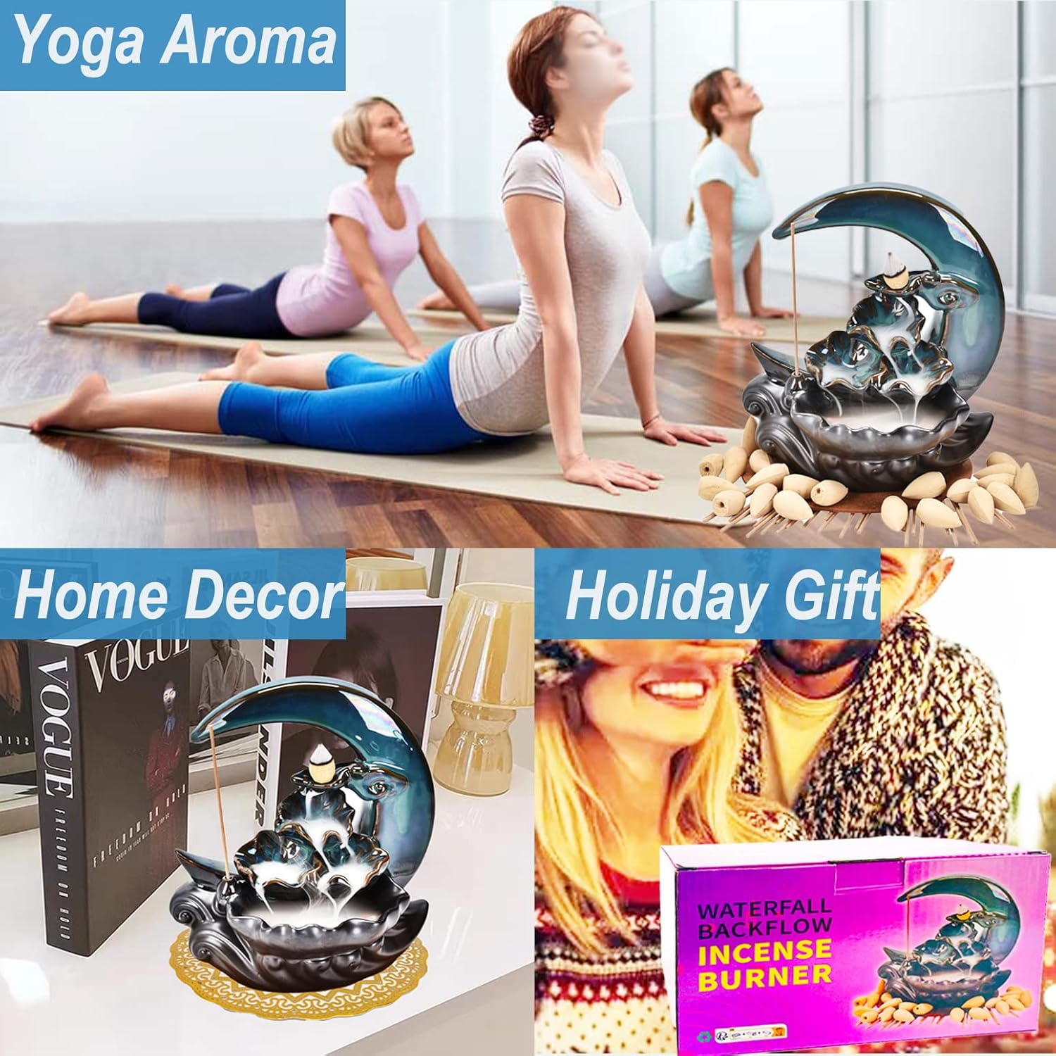 New Moon Backflow Incense Holder, Ceramic Hand - Made Incense Fountain Burner with 100 Backflow Incense Cones，Fragrance Incense Stick，Mat，Aromatherapy Home Decoration - Velora