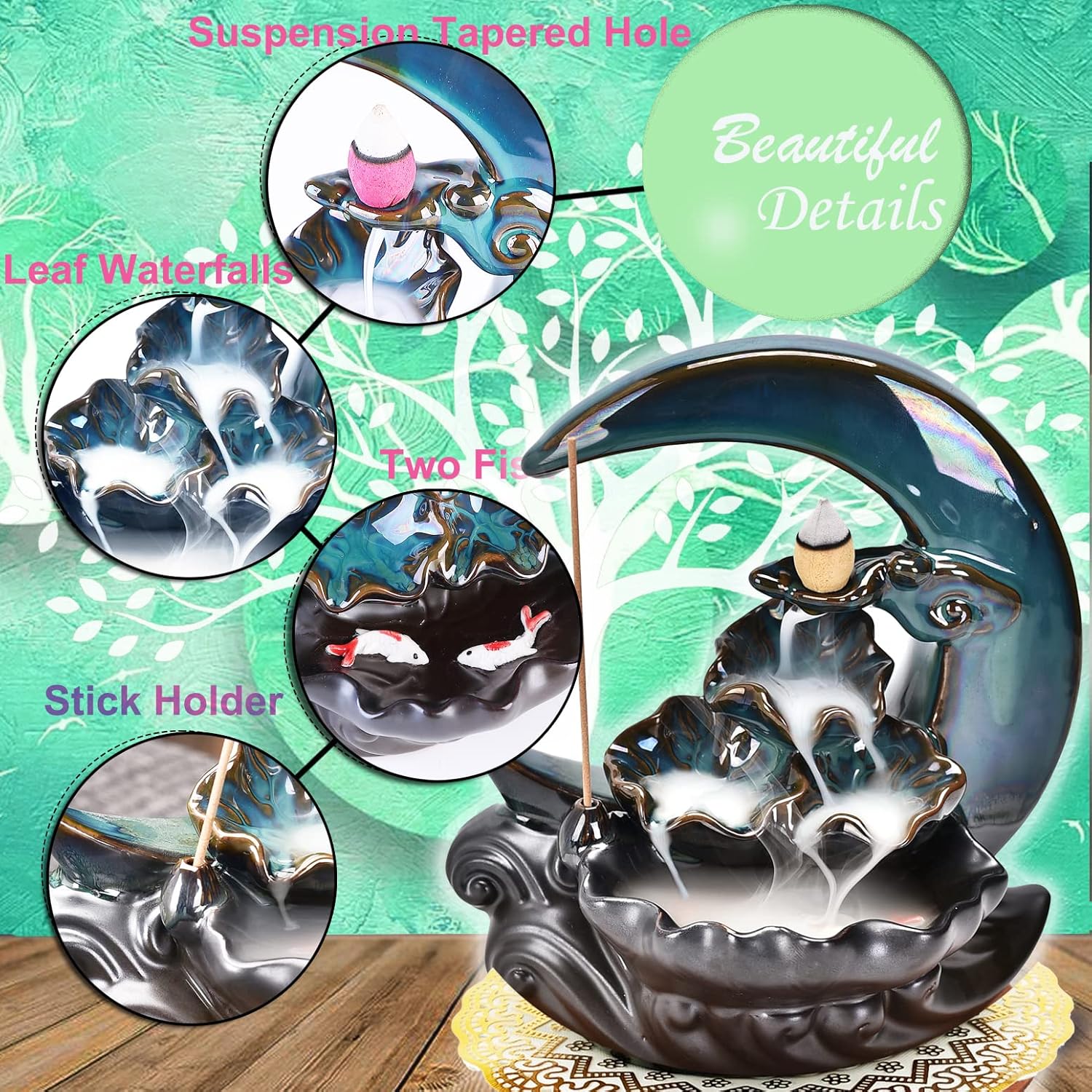 New Moon Backflow Incense Holder, Ceramic Hand - Made Incense Fountain Burner with 100 Backflow Incense Cones，Fragrance Incense Stick，Mat，Aromatherapy Home Decoration - Velora