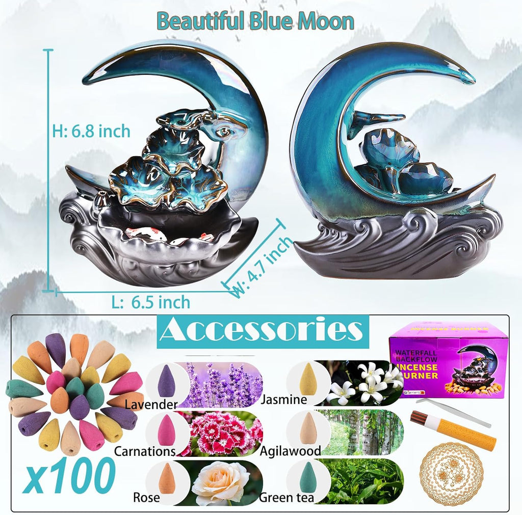 New Moon Backflow Incense Holder, Ceramic Hand - Made Incense Fountain Burner with 100 Backflow Incense Cones，Fragrance Incense Stick，Mat，Aromatherapy Home Decoration - Velora