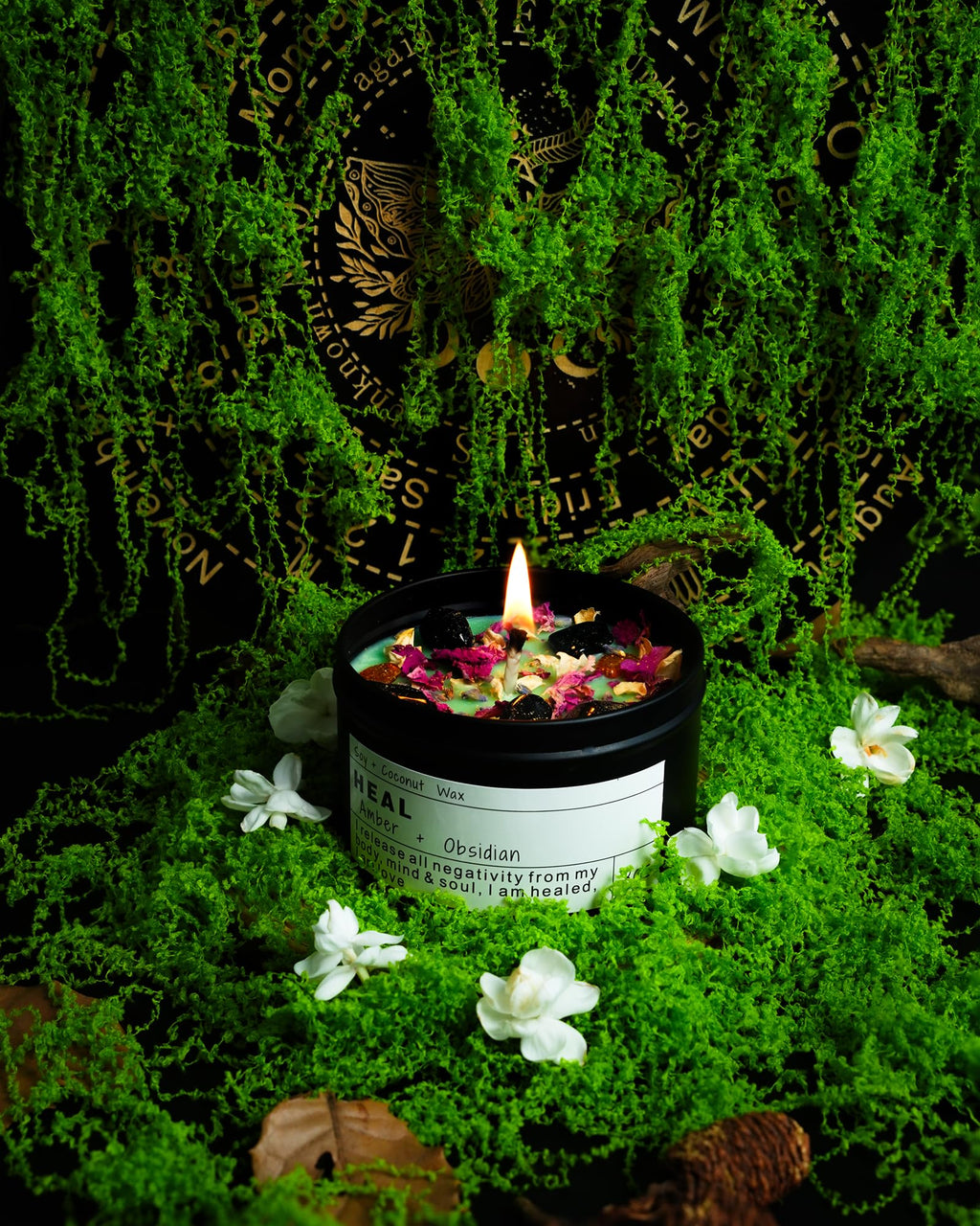 Obsidian Crystal Energy Candle, Good Aura Health Protection, Baltic Amber Chakra Magic Self - Care, Emotional Support, Encouragement and Affirmation Gift.(HEAL) - Velora