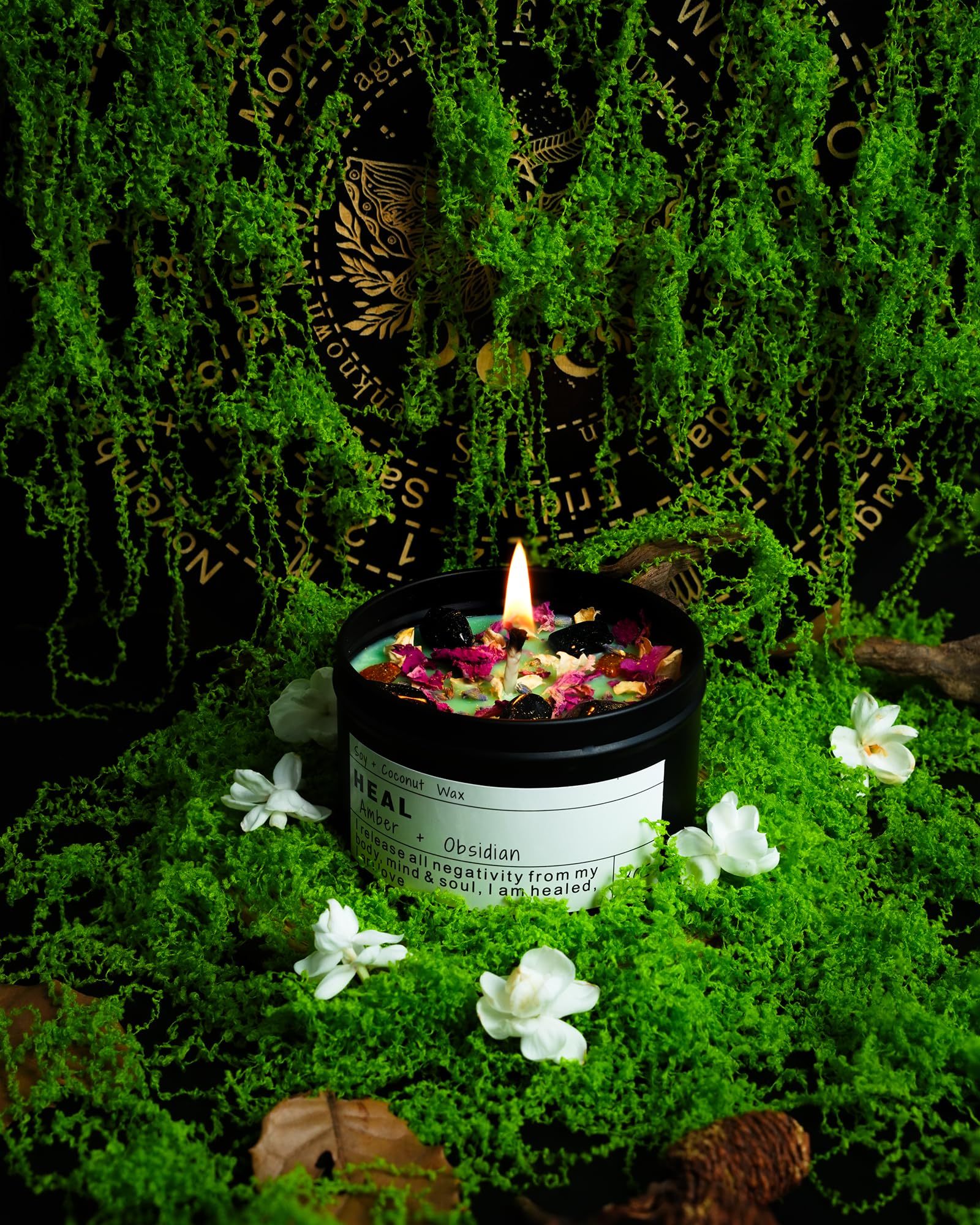 Obsidian Crystal Energy Candle, Good Aura Health Protection, Baltic Amber Chakra Magic Self - Care, Emotional Support, Encouragement and Affirmation Gift.(HEAL) - Velora