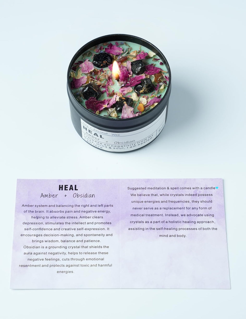 Obsidian Crystal Energy Candle, Good Aura Health Protection, Baltic Amber Chakra Magic Self-Care, Emotional Support, Encouragement and Affirmation Gift.(HEAL) - Velora
