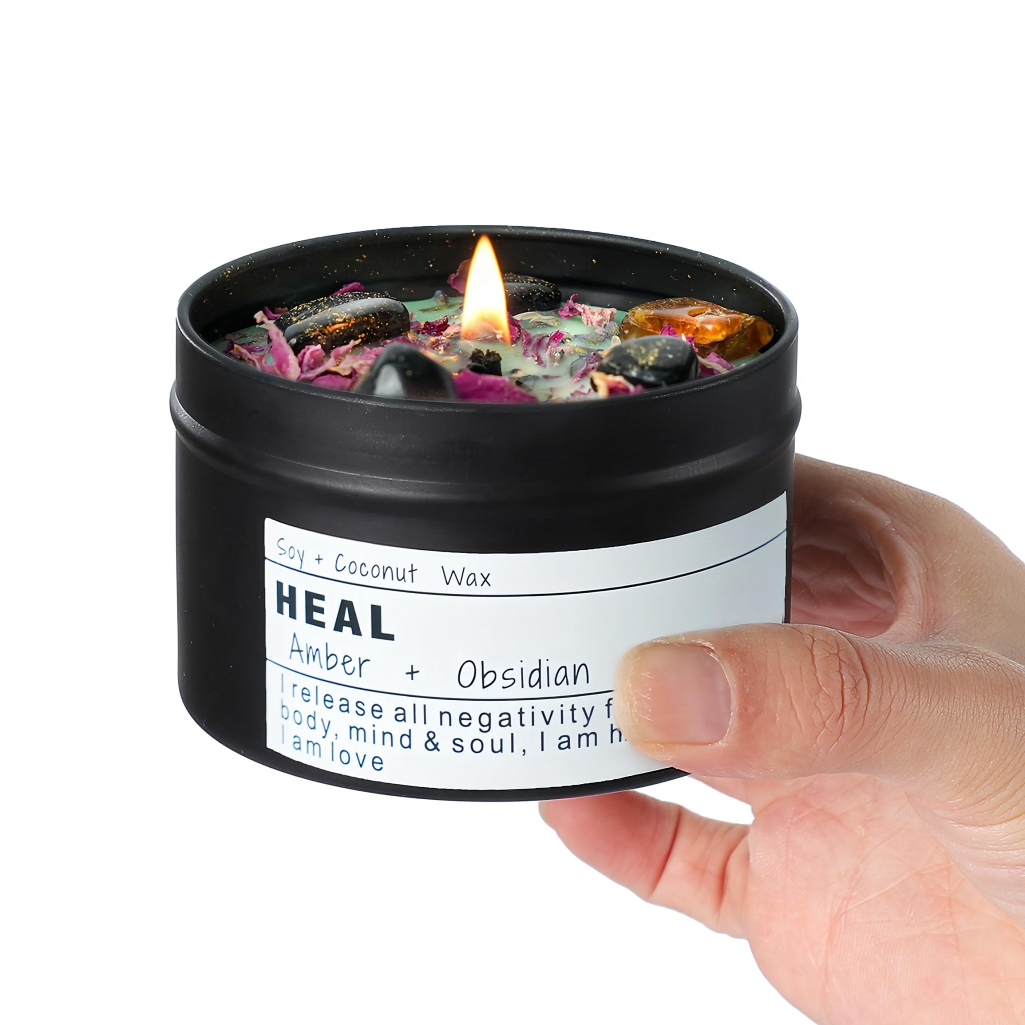 Obsidian Crystal Energy Candle, Good Aura Health Protection, Baltic Amber Chakra Magic Self - Care, Emotional Support, Encouragement and Affirmation Gift.(HEAL) - Velora