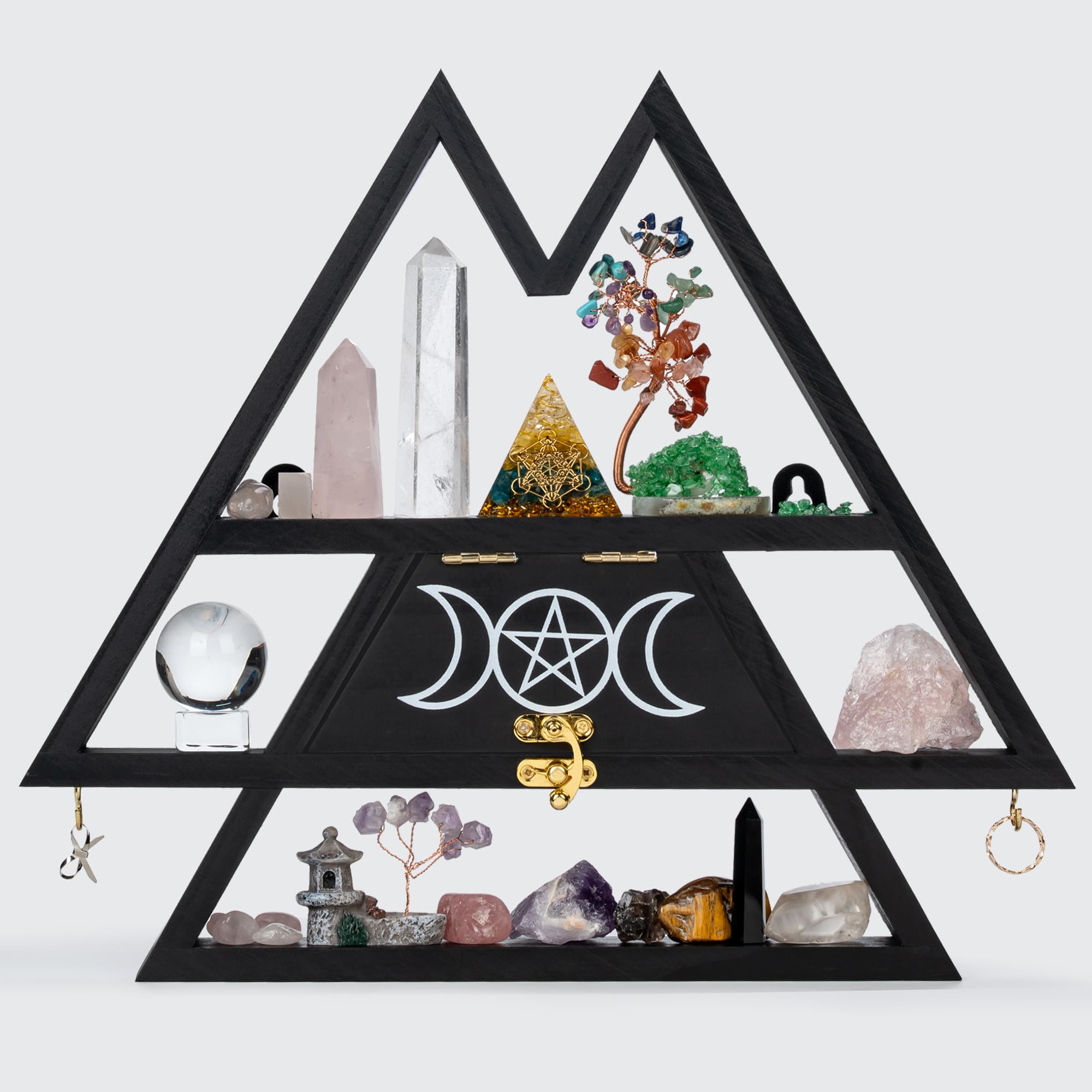 Pracaniz Crystal Shelf with Flap Drawer&Hooks for Wall&Desktop, Crystal Holder as Witchy Room Decor,Moon Phase Triangle Shelf,Witchy Decor&Moon Decor for Bedroom. - Velora