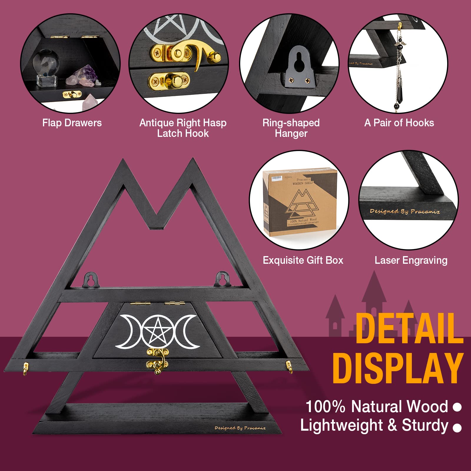 Pracaniz Crystal Shelf with Flap Drawer&Hooks for Wall&Desktop, Crystal Holder as Witchy Room Decor,Moon Phase Triangle Shelf,Witchy Decor&Moon Decor for Bedroom. - Velora