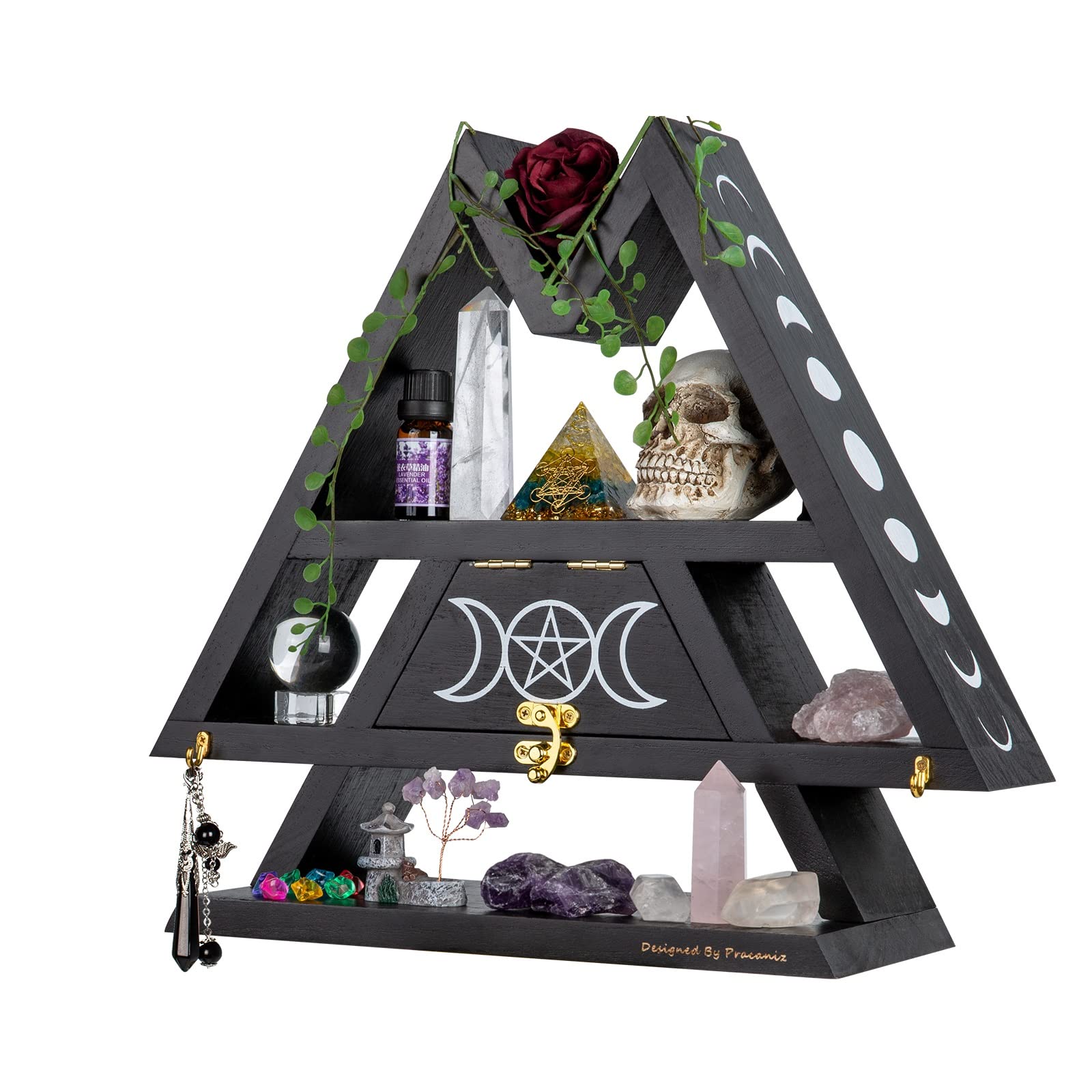 Pracaniz Crystal Shelf with Flap Drawer&Hooks for Wall&Desktop, Crystal Holder as Witchy Room Decor,Moon Phase Triangle Shelf,Witchy Decor&Moon Decor for Bedroom. - Velora