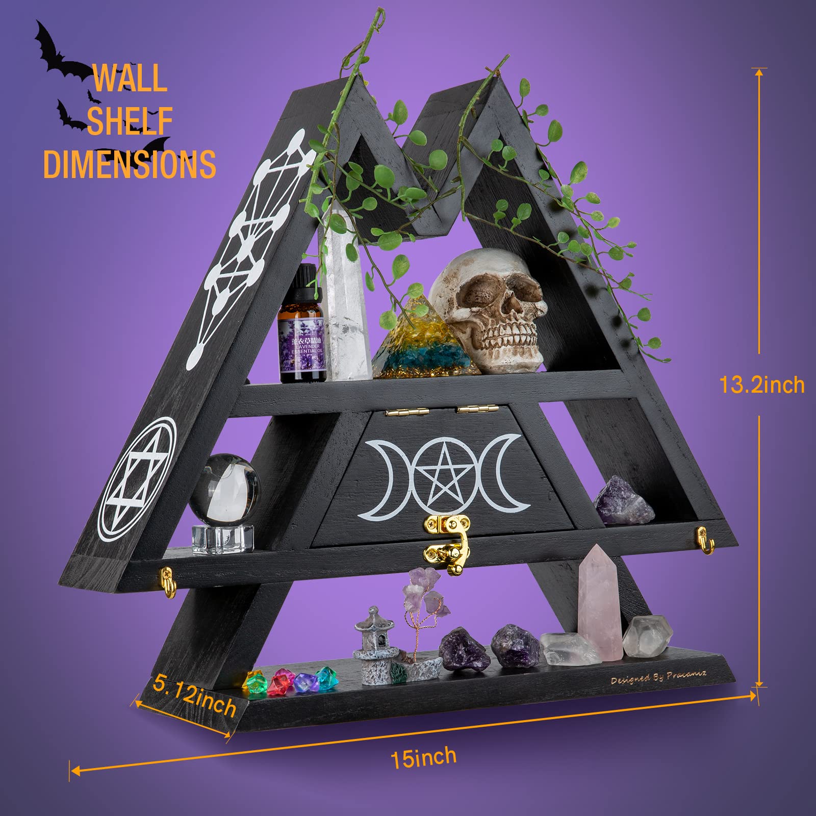 Pracaniz Crystal Shelf with Flap Drawer&Hooks for Wall&Desktop, Crystal Holder as Witchy Room Decor,Moon Phase Triangle Shelf,Witchy Decor&Moon Decor for Bedroom. - Velora