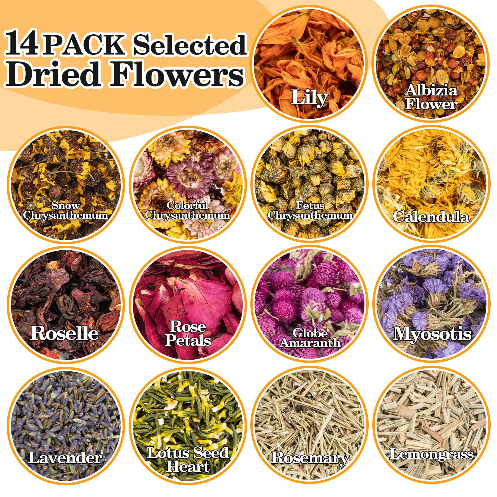Sukh Dried Herbs Kit - Dried Botanicals Bulk,14 Bags Natural Dry Flowers and Herbs for Soap,Candle,Perfume,Bath Bombs,Resin Jewelry Making Supplies,Fragrance Sachet DIY and Witchcraft - Velora