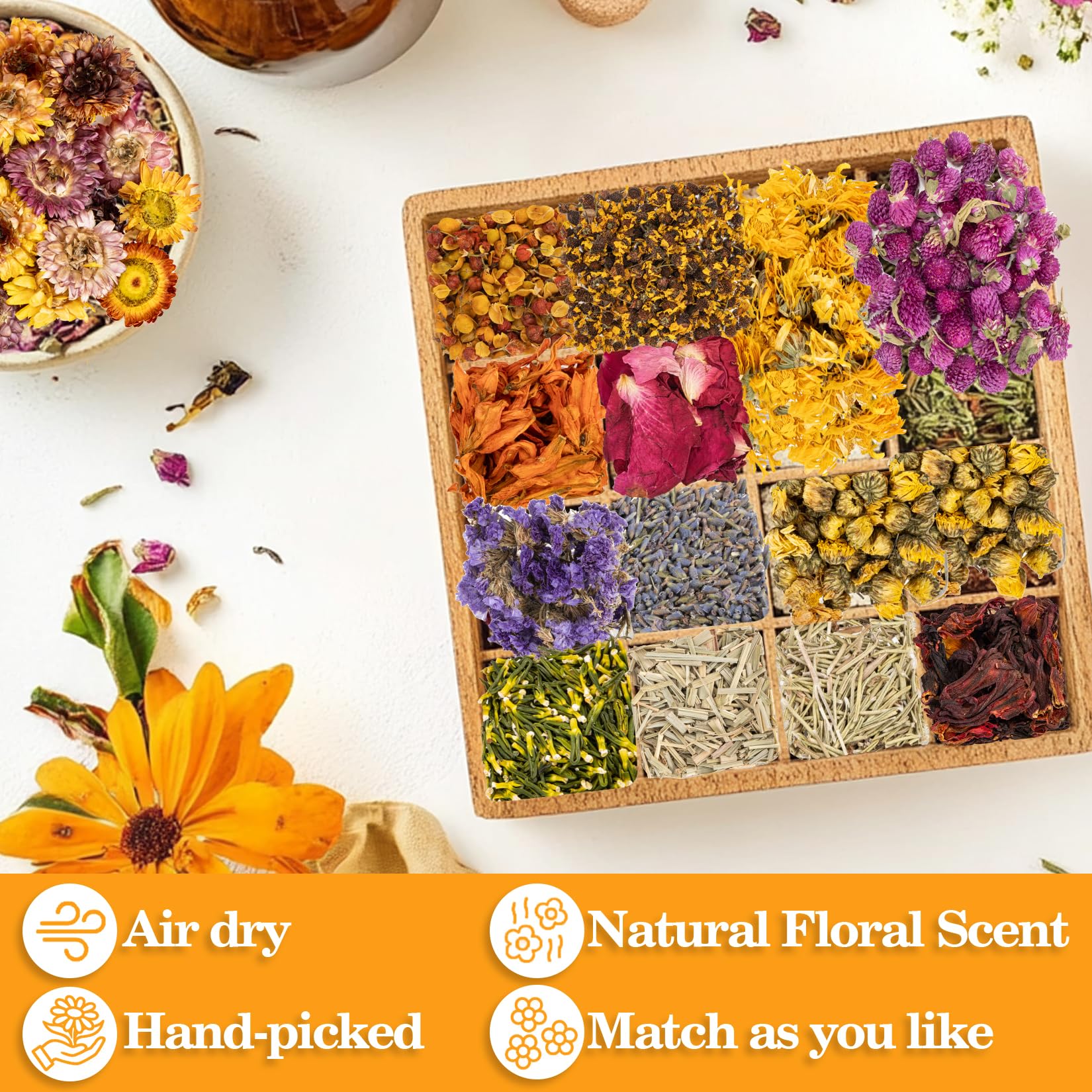 Sukh Dried Herbs Kit - Dried Botanicals Bulk,14 Bags Natural Dry Flowers and Herbs for Soap,Candle,Perfume,Bath Bombs,Resin Jewelry Making Supplies,Fragrance Sachet DIY and Witchcraft - Velora
