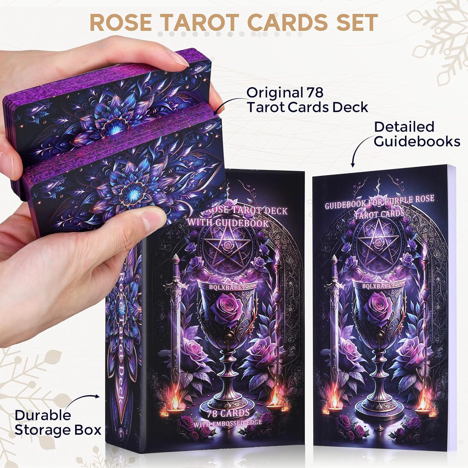 Tarot Cards Deck for Beginners with Guide Book Pretty Unique 400GSM Thick Purple Rose (Original) Tarot Oracle Cards with Embossed Edge Standard Size (4.75 * 2.75 in) - Velora
