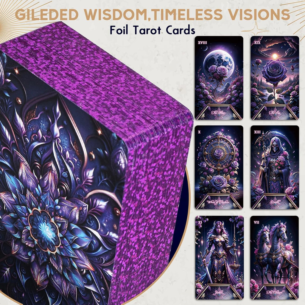 Tarot Cards Deck for Beginners with Guide Book Pretty Unique 400GSM Thick Purple Rose (Original) Tarot Oracle Cards with Embossed Edge Standard Size (4.75 * 2.75 in) - Velora