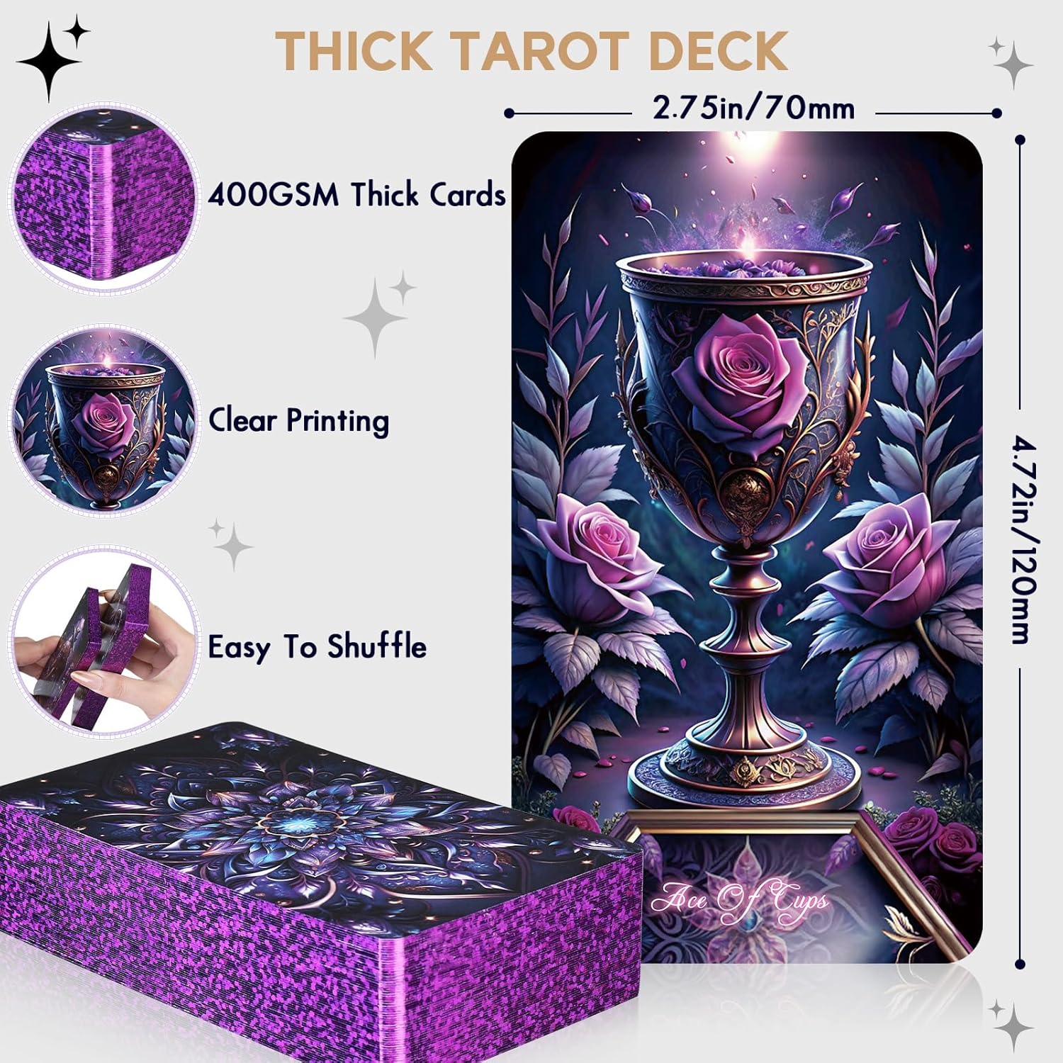 Tarot Cards Deck for Beginners with Guide Book Pretty Unique 400GSM Thick Purple Rose (Original) Tarot Oracle Cards with Embossed Edge Standard Size (4.75 * 2.75 in) - Velora