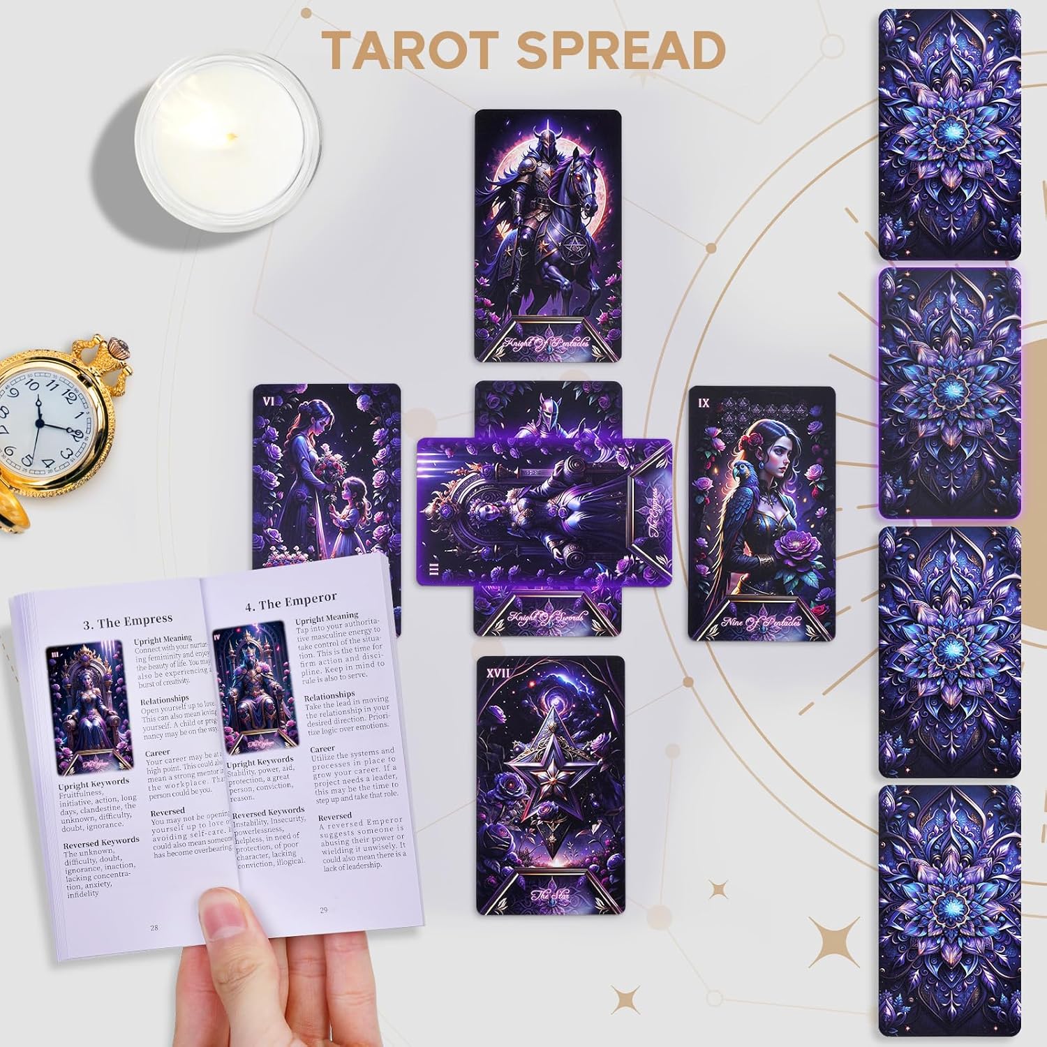 Tarot Cards Deck for Beginners with Guide Book Pretty Unique 400GSM Thick Purple Rose (Original) Tarot Oracle Cards with Embossed Edge Standard Size (4.75 * 2.75 in) - Velora